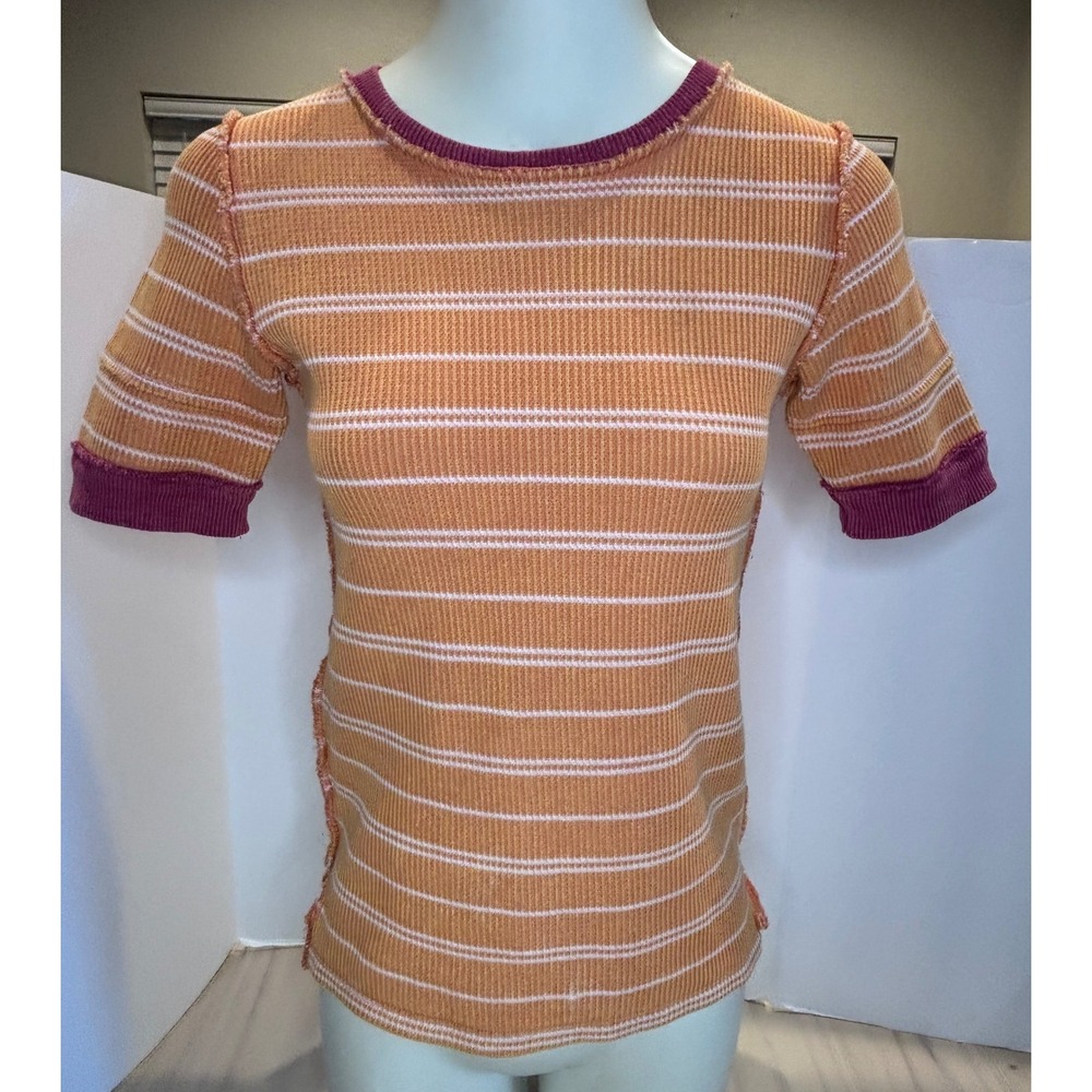 We The Free Free People Orange Striped Ribbed Short Sleeve Tee Shirt Small